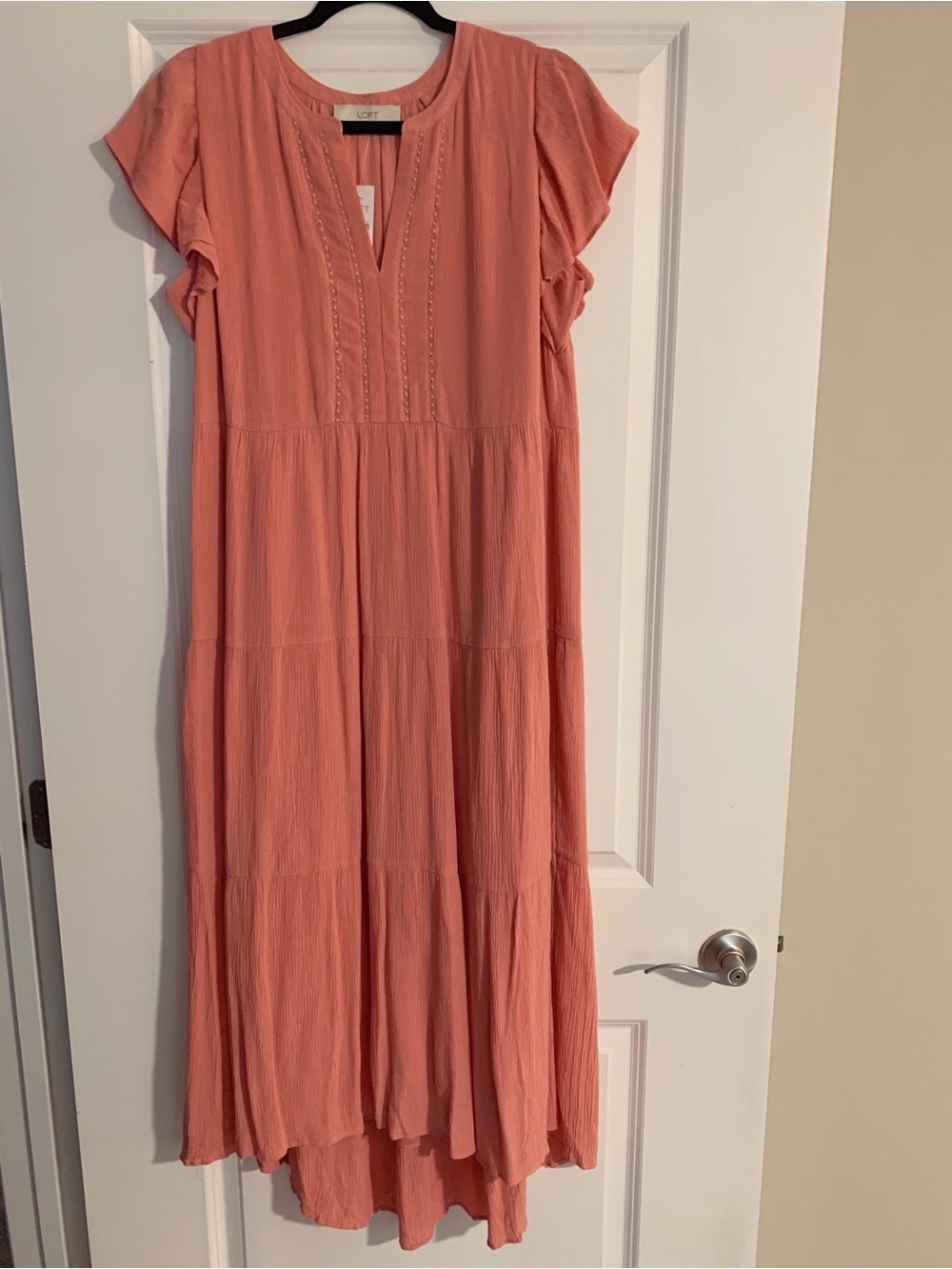 LOFT Coral Pink Flutter Sleeve Tiered Maxi Dress